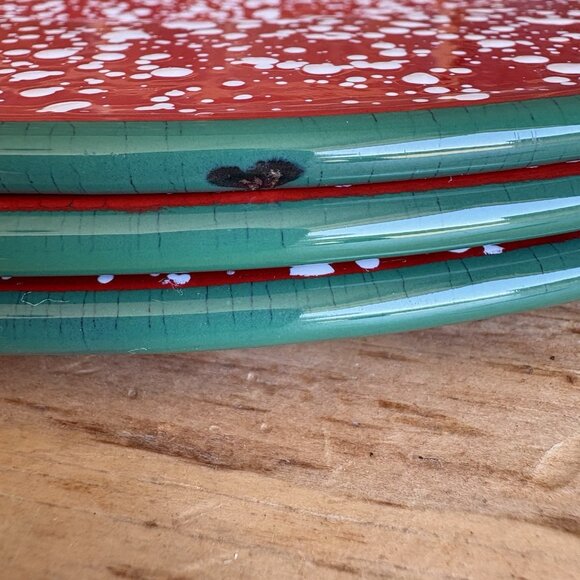 Robert Stanley Enamelware Serving Plates Chargers Red White Speckled Green Edge - Picture 5 of 13